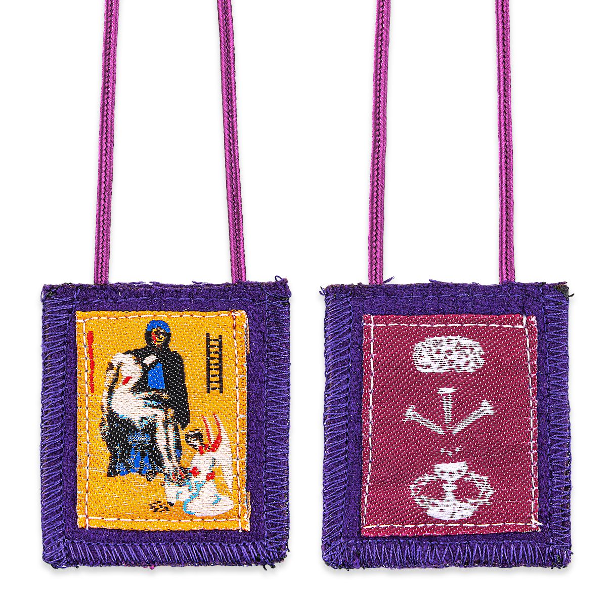 Two panels of a purple wool scapular with detailed pictures, one depicting a figure with a child and the other with symbols, attached to purple cords.