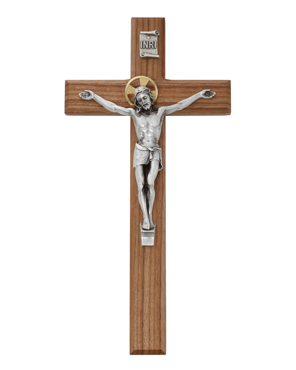 Wooden cross with silver Jesus figure on a white background