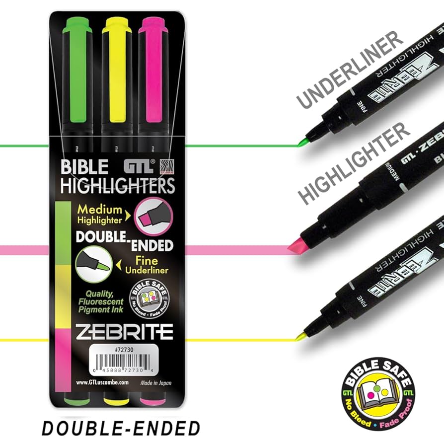 Bible highlighters with packaging and color swatches on a white background
