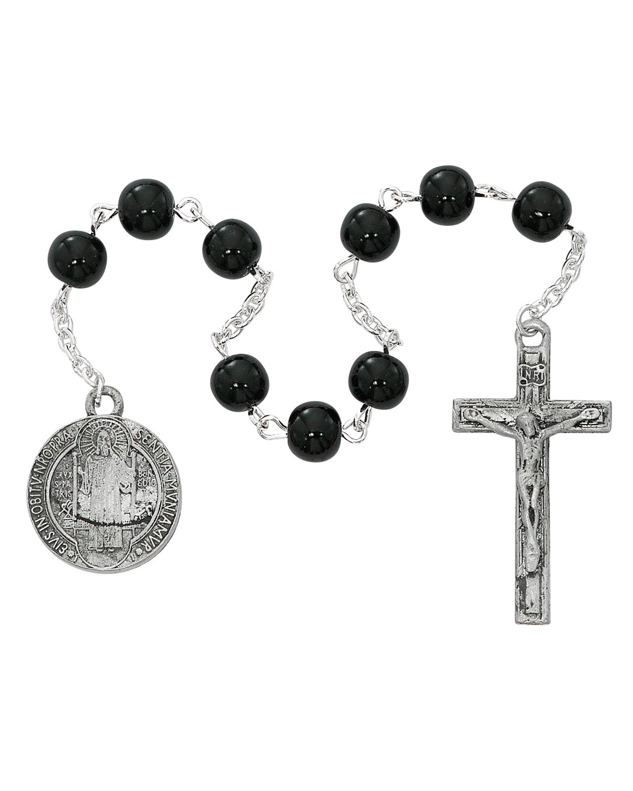 Black rosary with silver crucifix and medal on a white background