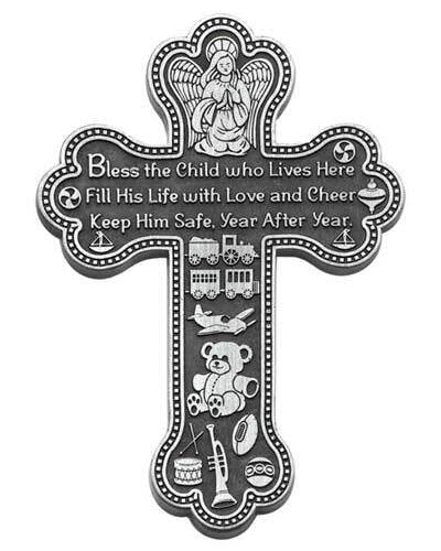 Decorative cross with angel and various symbols on a white background