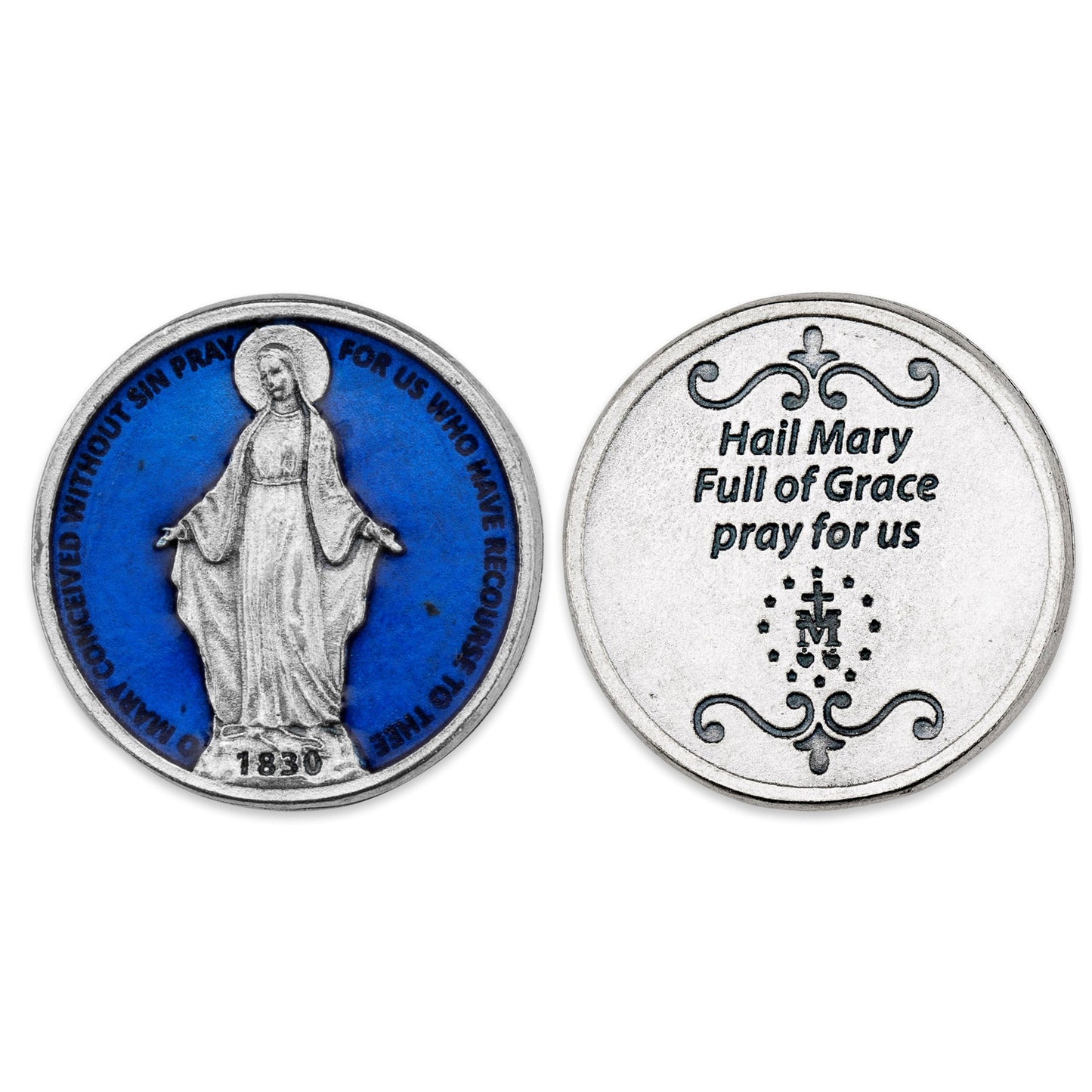 Two sides of a religious coin with a depiction of a saint and text.