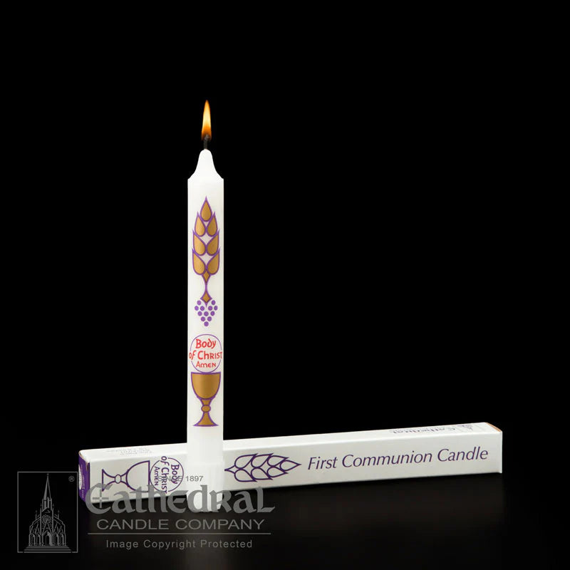 White First Communion candle with purple design and Cathedral Candle Company branding on a black background.