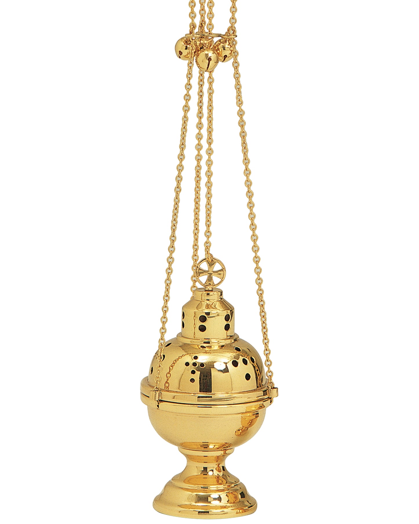 Gold incense burner with chains on a white background