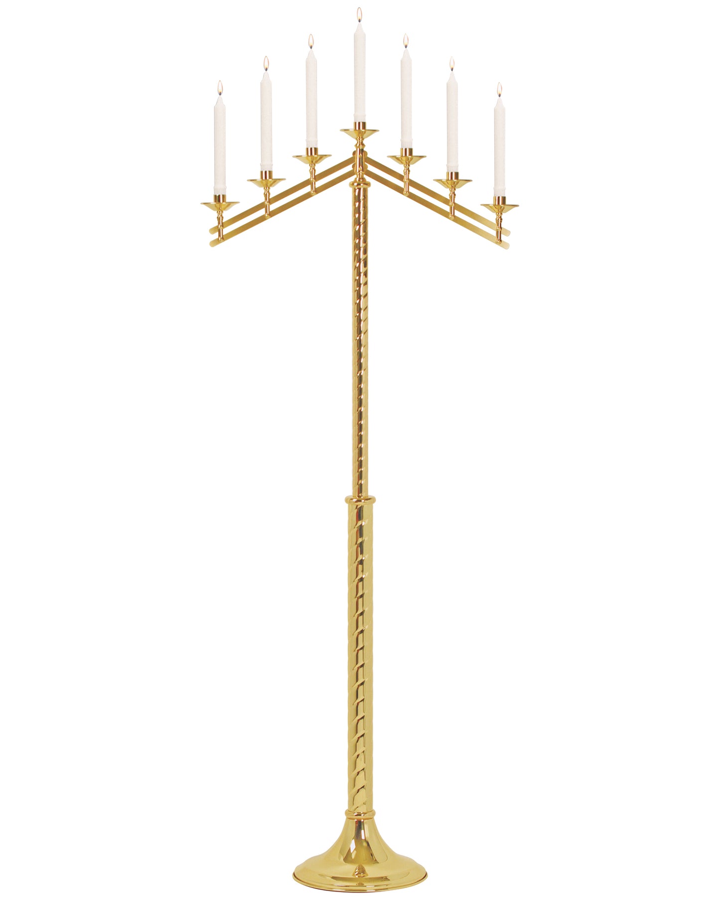 Gold candelabra with six candles on a white background