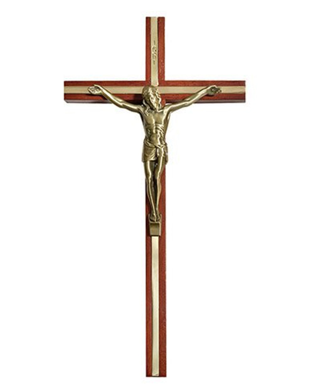 Wooden cross with a gold-colored Jesus figure on a white background