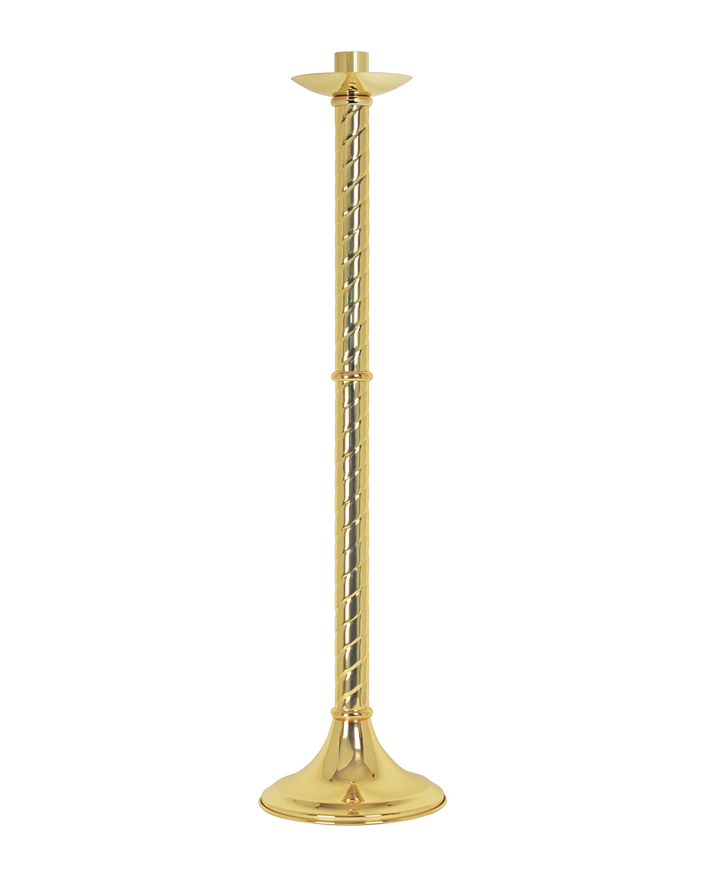A solid brass paschal candle holder with a twisted design, finishing with a circular holder for the candle.