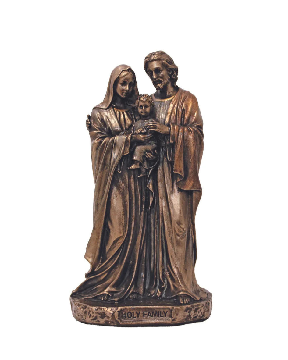 A 3.5 inch bronze statue of the Holy Family, featuring figures representing Joseph, Mary, and baby Jesus, mounted on a stone base.