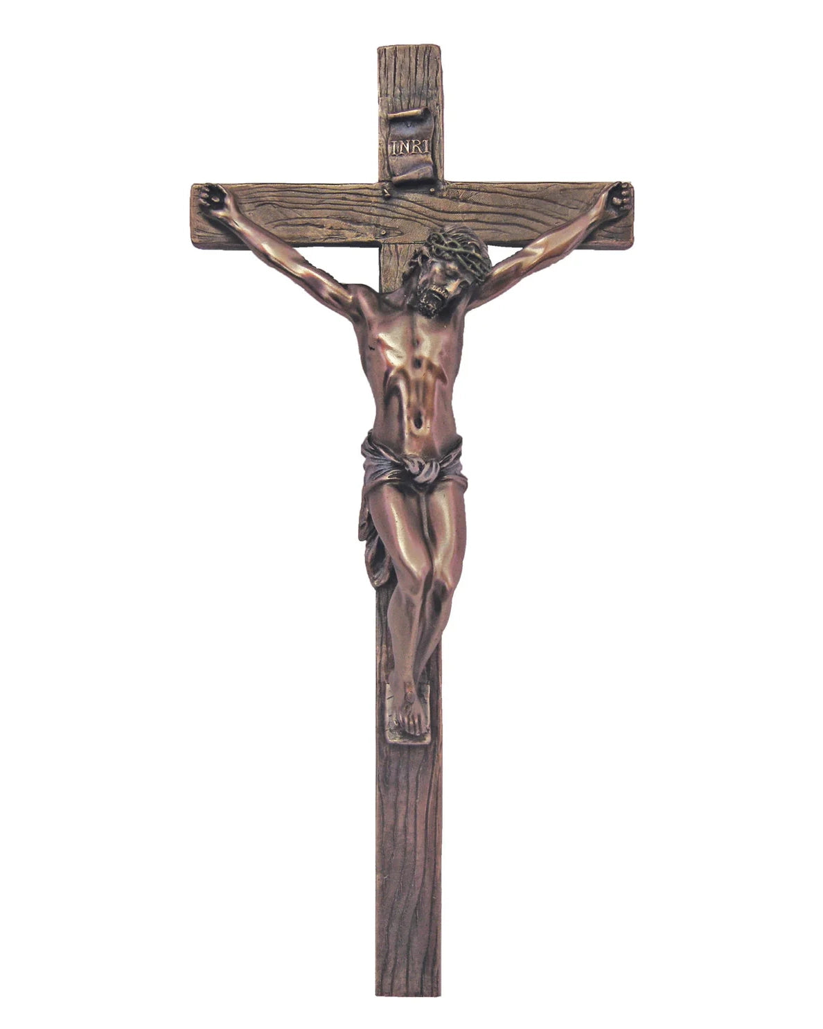 Bronze crucifix on a wooden cross with 'REDEMPTOR' branding.
