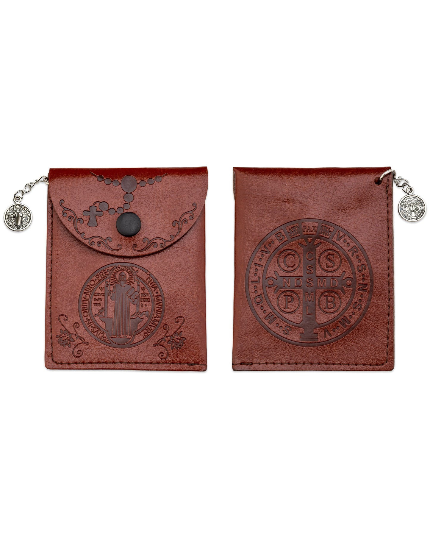 Two brown leather pouches with embossed designs on a white background