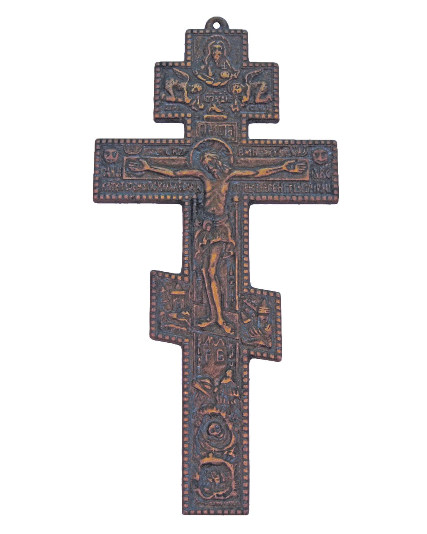 Decorative cross with religious iconography on a white background