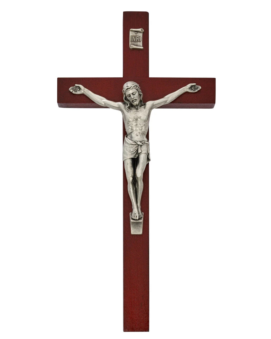 Wooden cross with silver Jesus figure on a white background