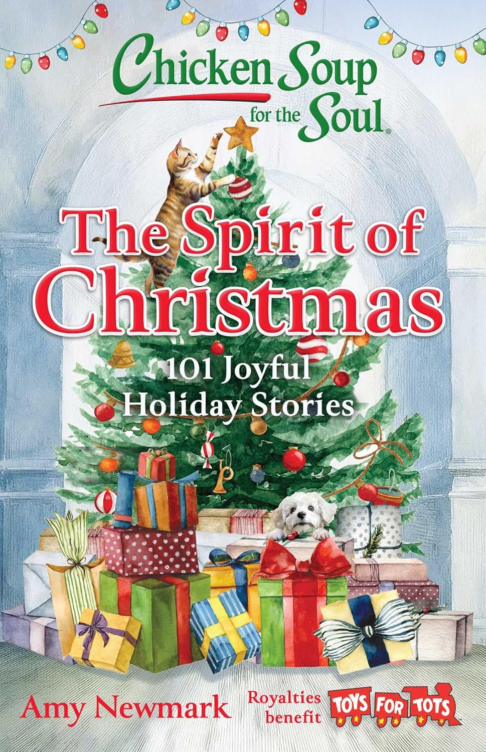 Book cover of 'Chicken Soup for the Soul: The Spirit of Christmas' with a Christmas tree and presents.