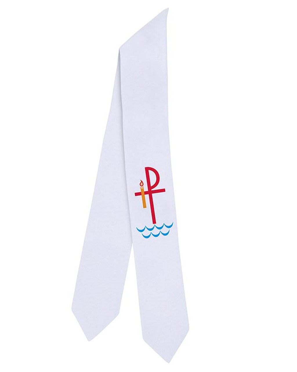 A white silk screened felt stole with a cross, water, and candle symbols in red and blue, used for child baptisms.