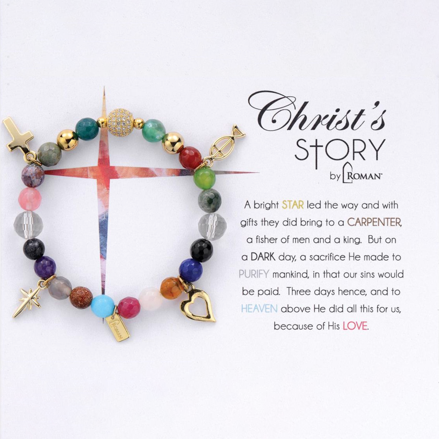 Colorful beaded bracelet with religious symbols on a white background with text about Christ's story.