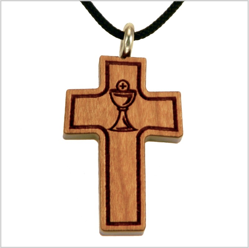 A wooden cross with a communion chalice design, satin varnished finish, and engraved details, attached to a black cord.