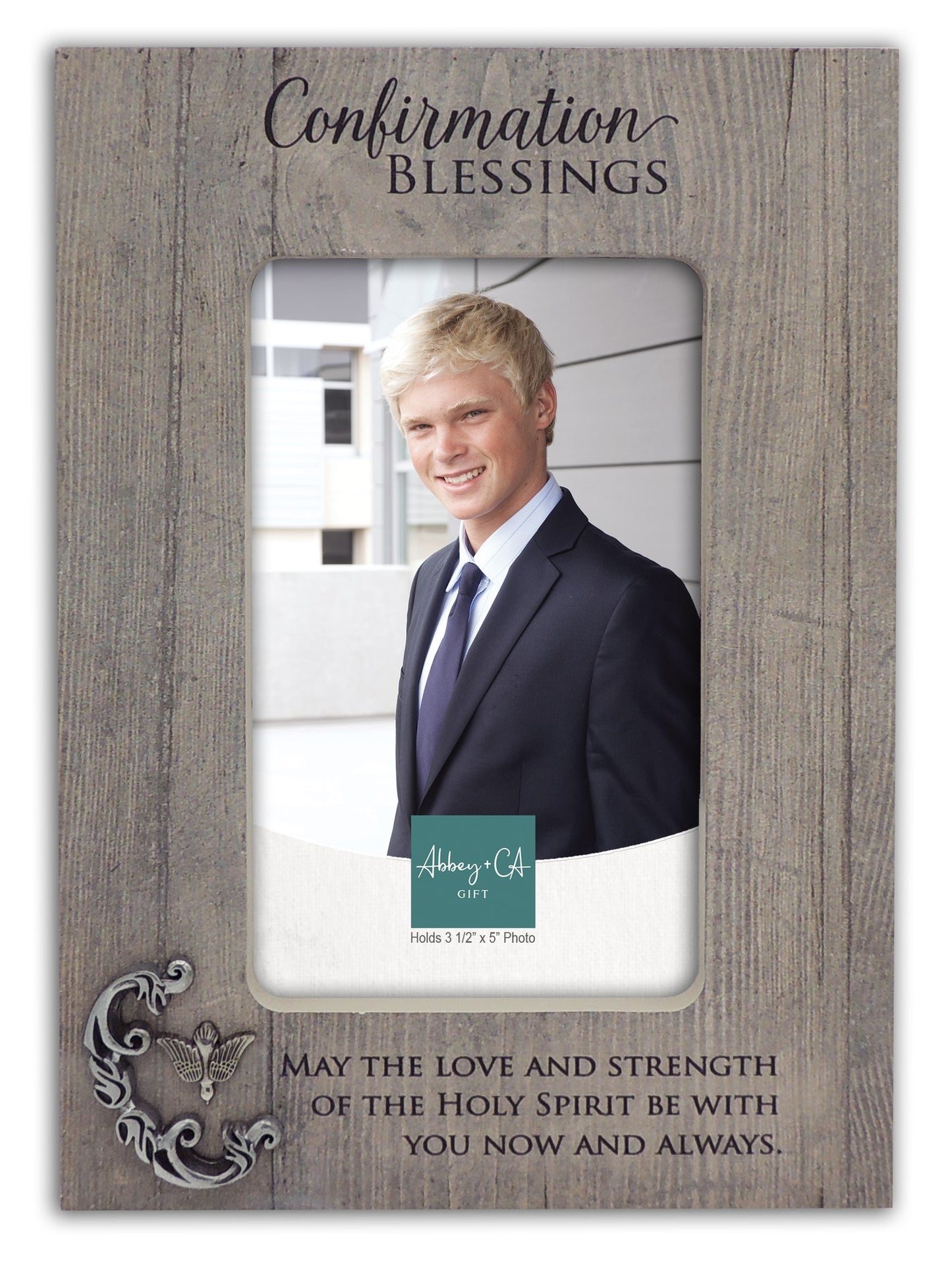 Wooden photo frame with 'Confirmation Blessings' text and a young man in a suit.