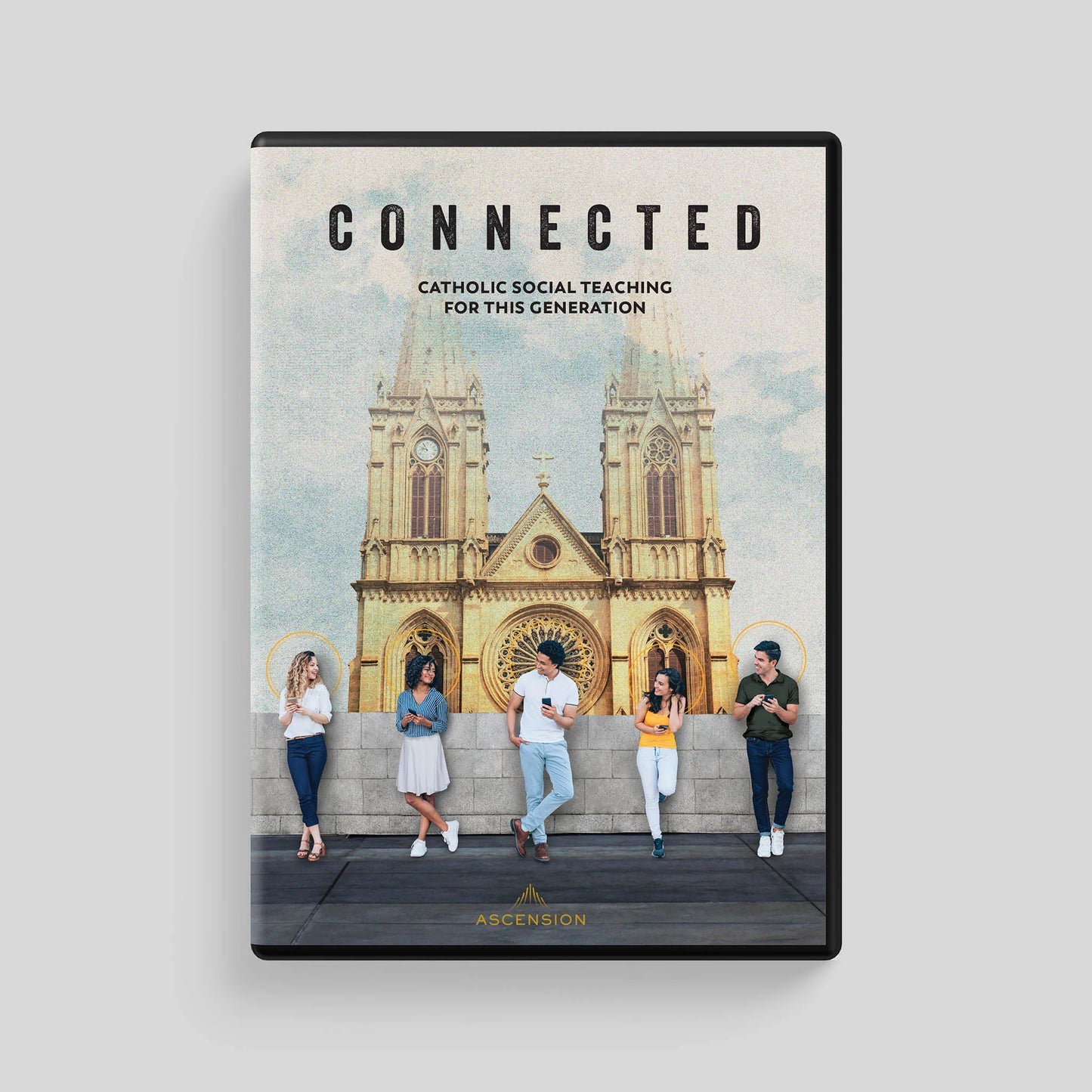 Book cover titled 'Connected' with a cathedral and people in front on a gray background