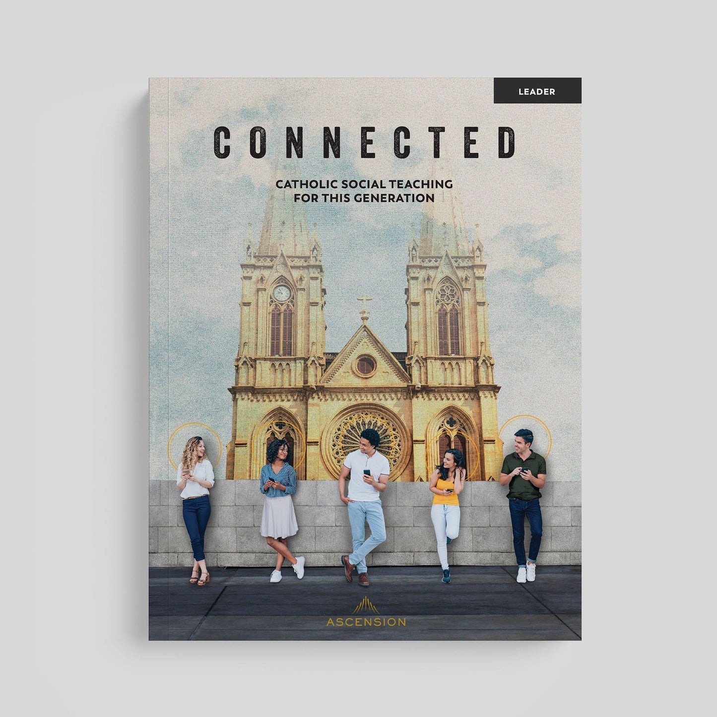 Book cover titled 'Connected' with people standing in front of a cathedral on a gray background