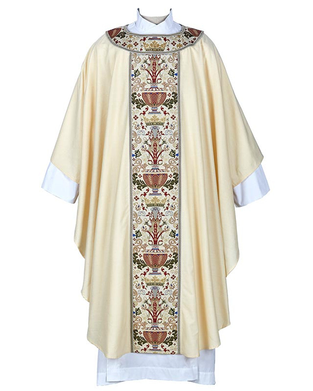 A round neck chasuble with woven brocade tapestry banding in a beige color, featuring floral and geometric patterns.