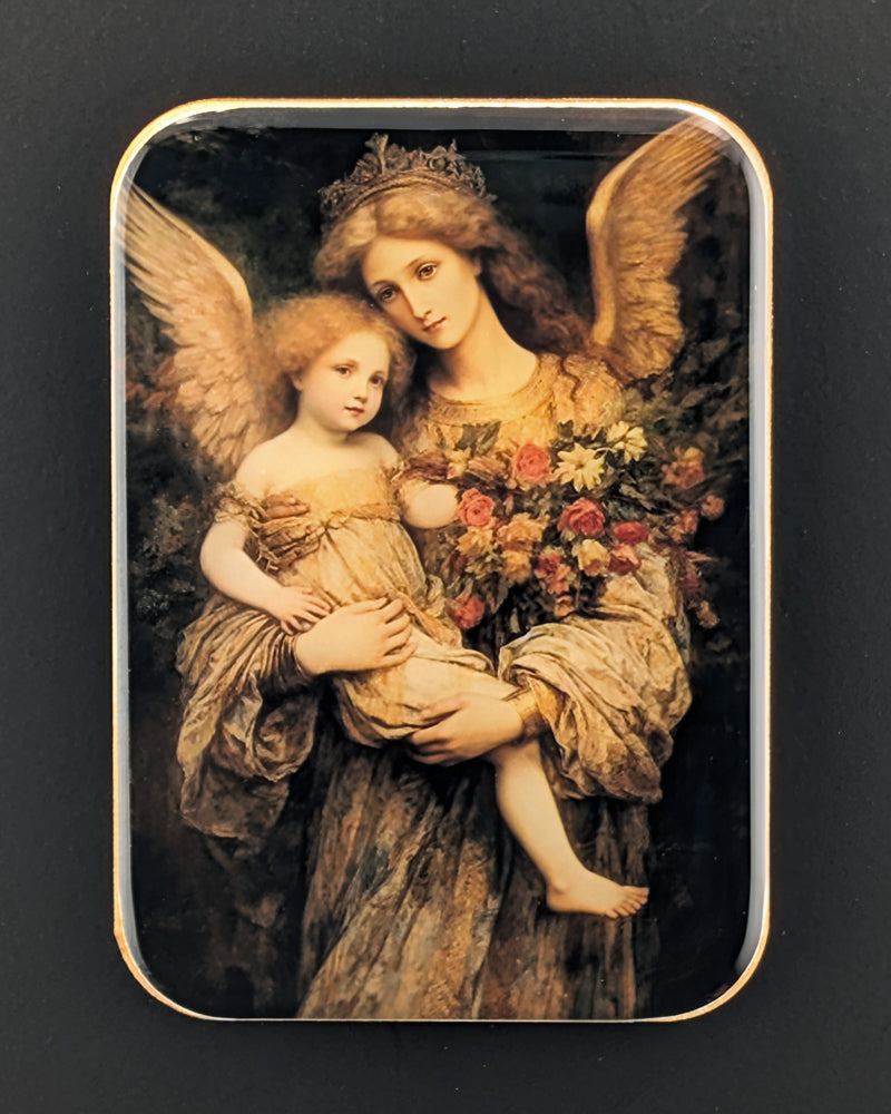 Decorative tin with an angelic design featuring a woman and child holding flowers on a black background.
