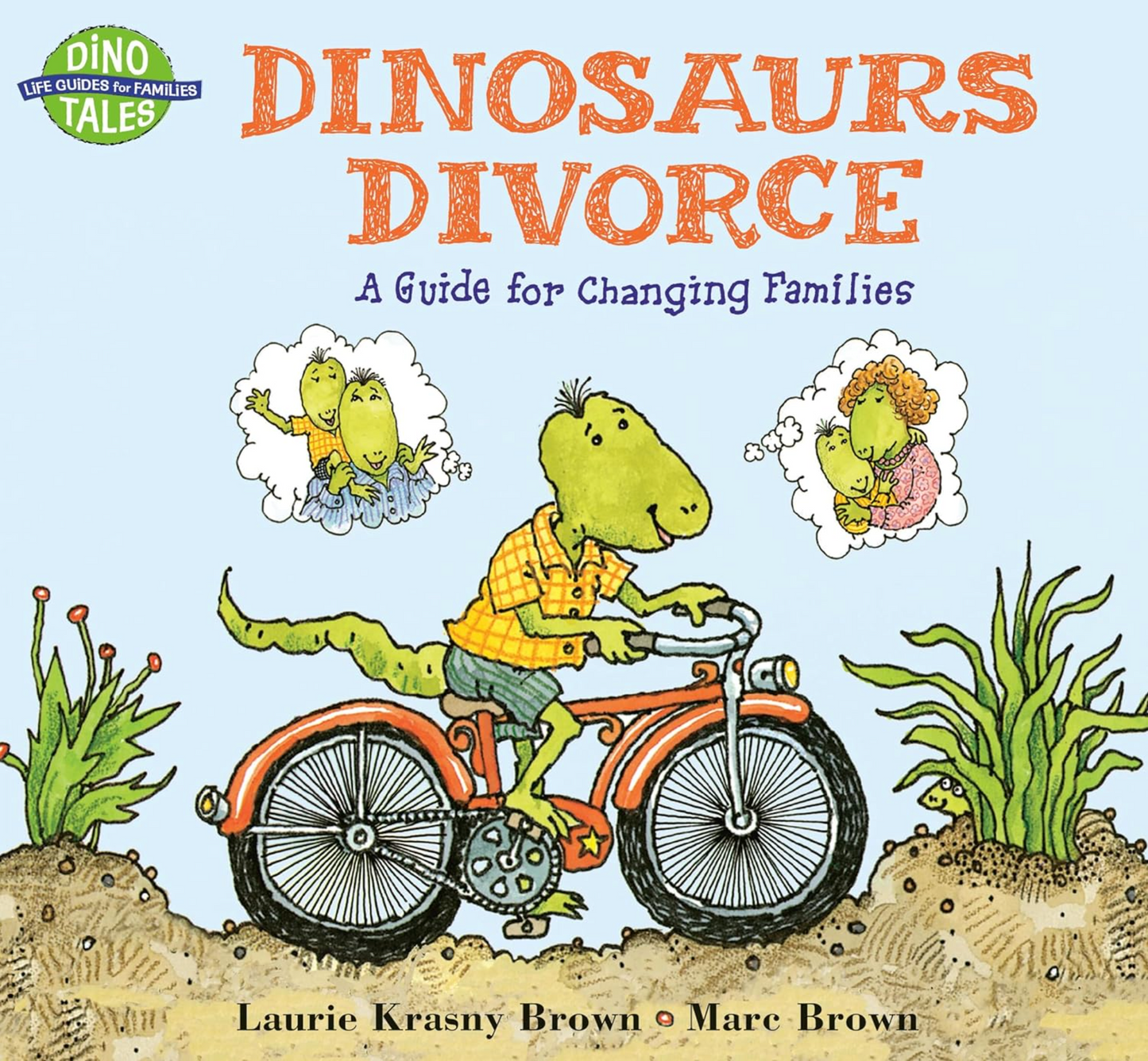Book cover of 'Dinosaurs Divorce' with cartoon dinosaurs on a bicycle.