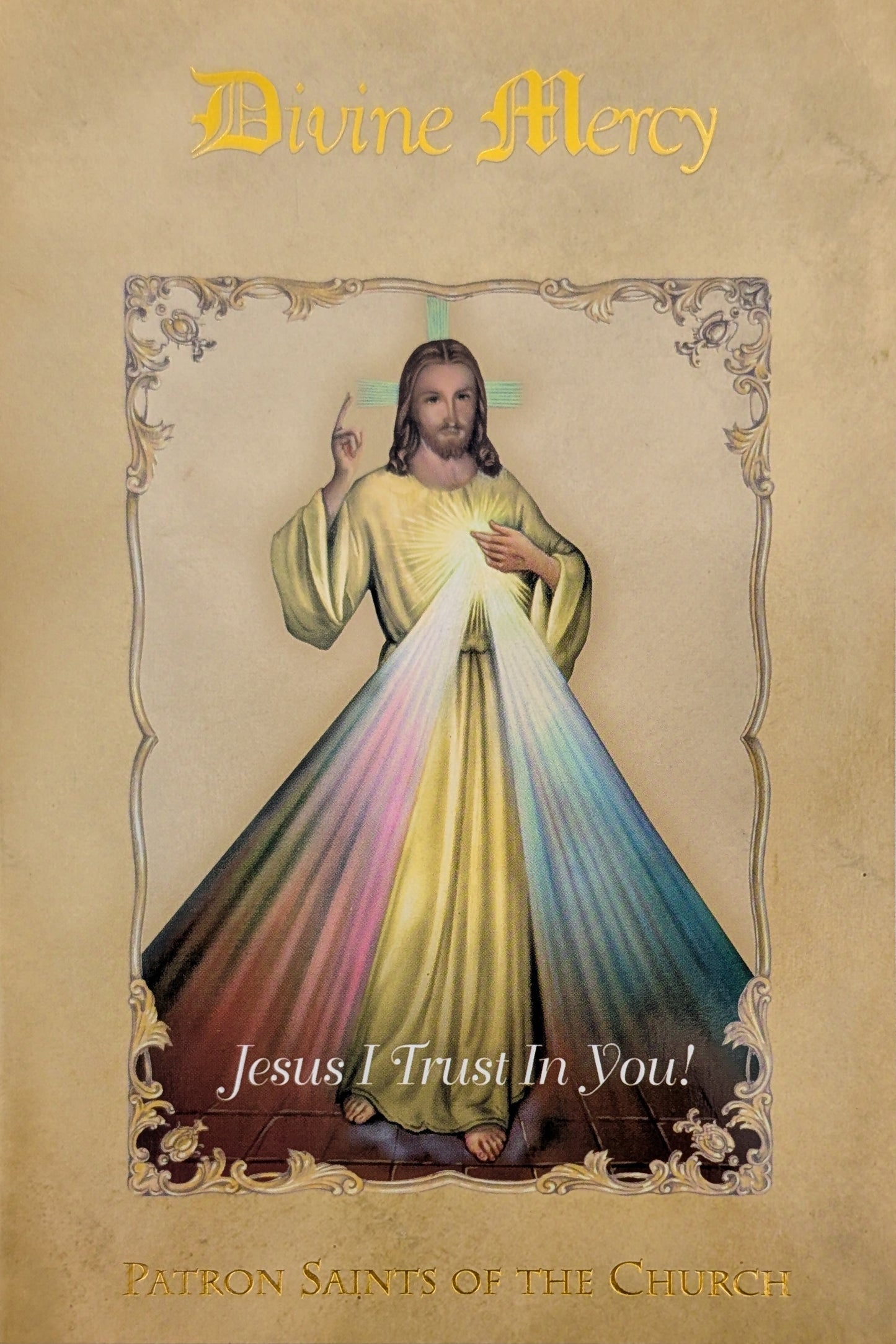 Devotional card featuring a depiction of Jesus with a colorful light effect on a beige background.
