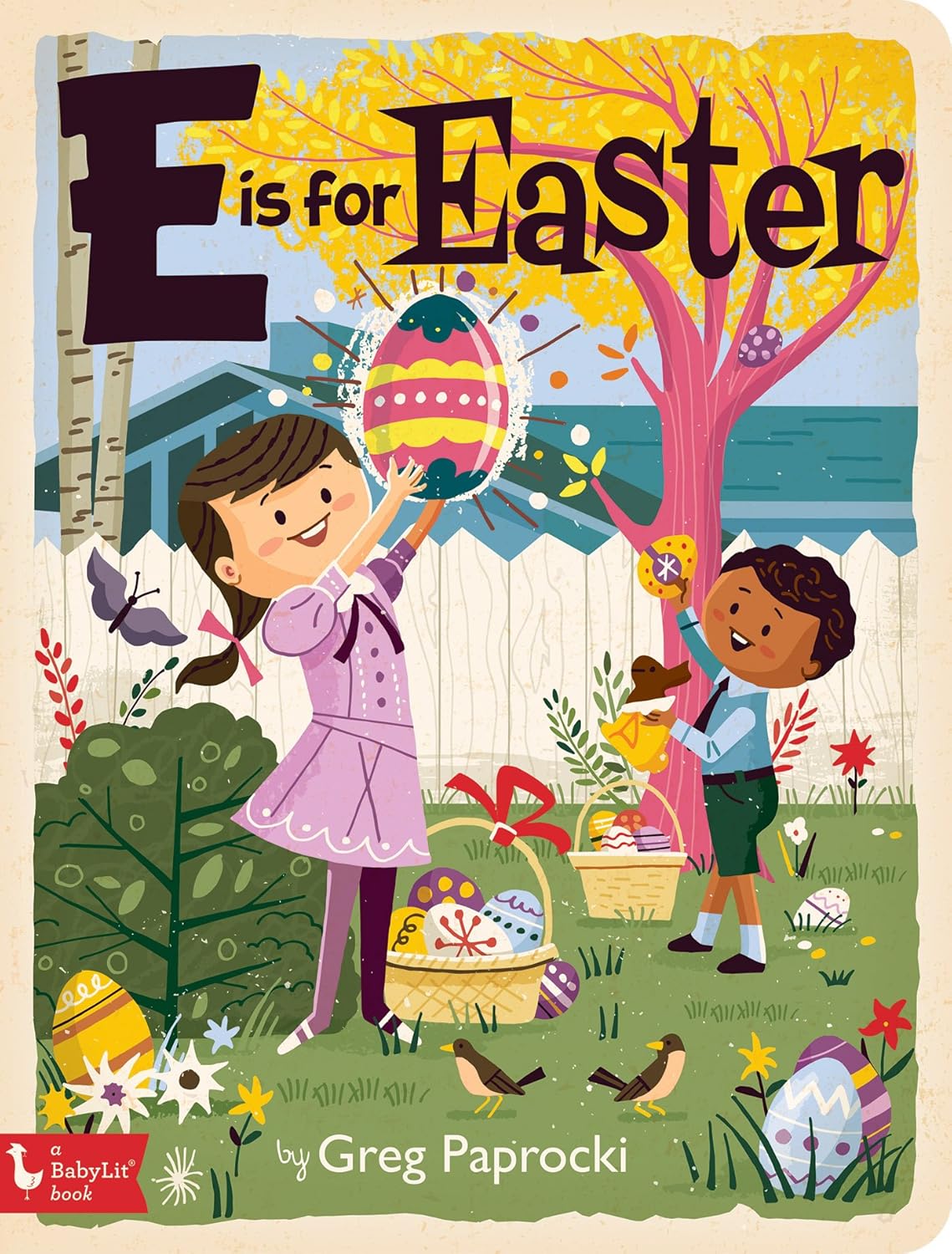 Book cover of 'E is for Easter' with two children in a garden holding Easter eggs.