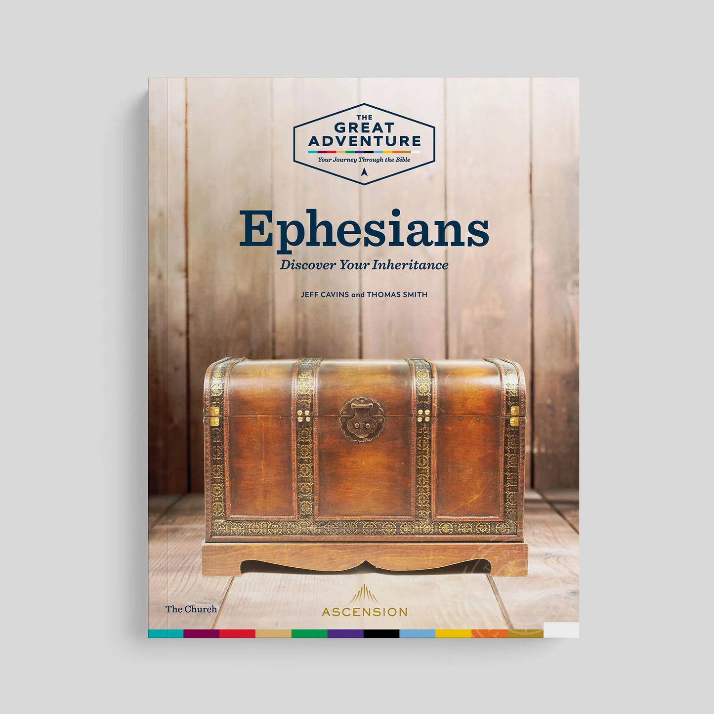 Book cover of 'Ephesians' with a wooden chest and 'The Great Adventure' logo on a gray background