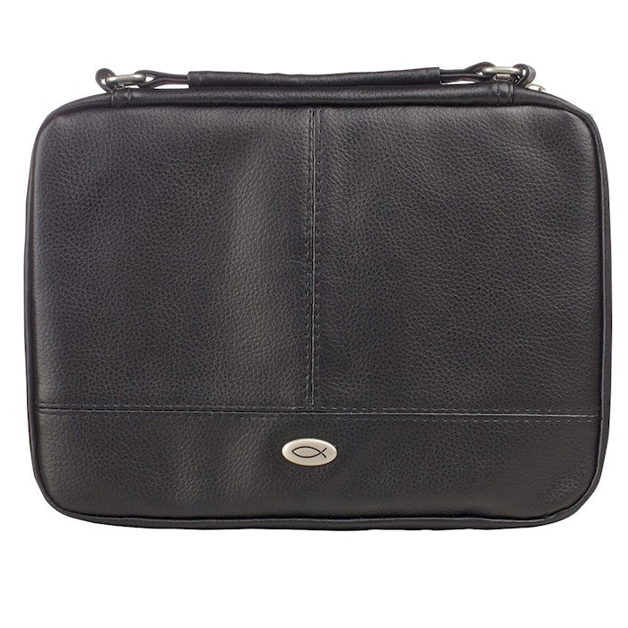 Black leather briefcase with a fish emblem on a white background