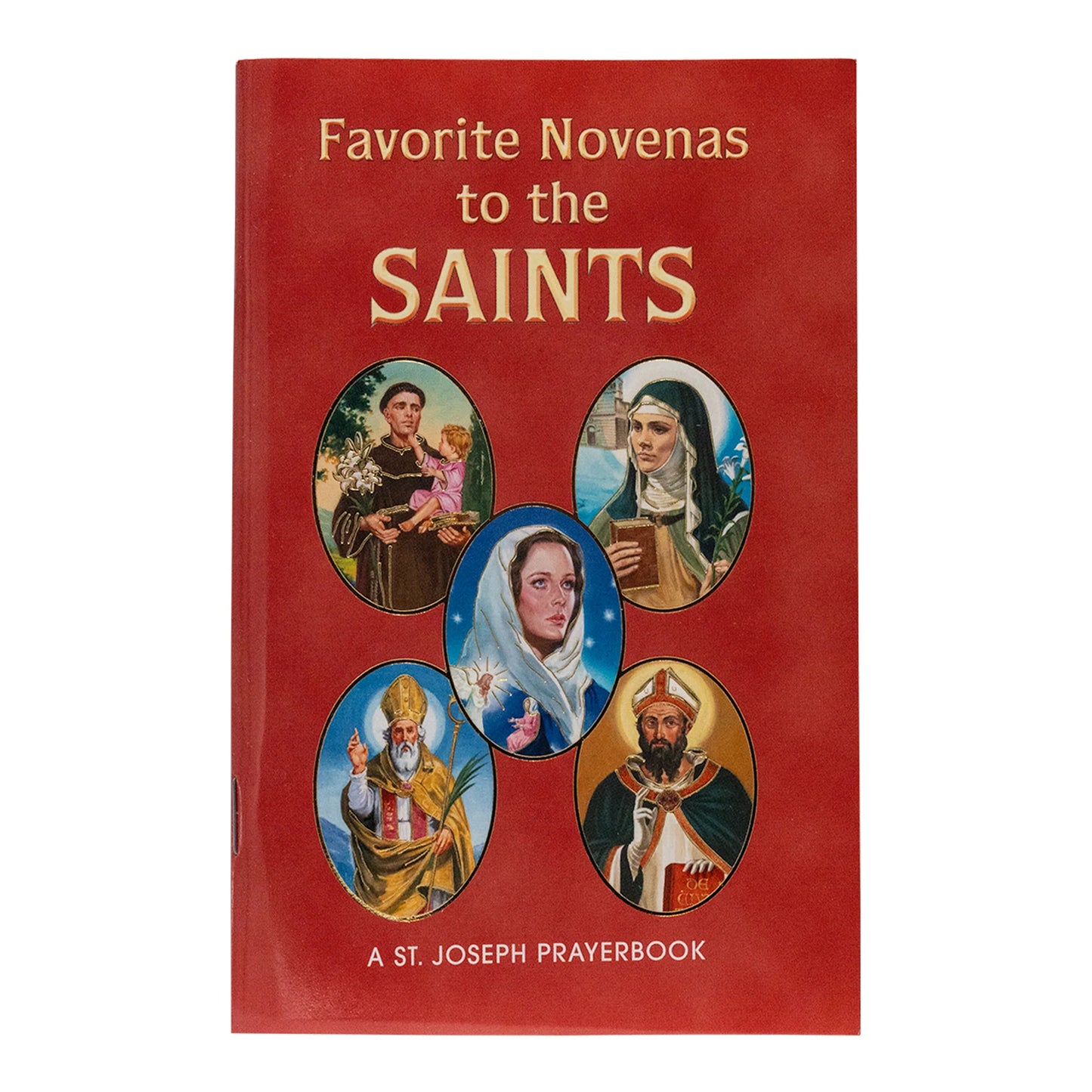 Red prayerbook titled 'Favorite Novenas to the Saints' with images of saints on the cover.