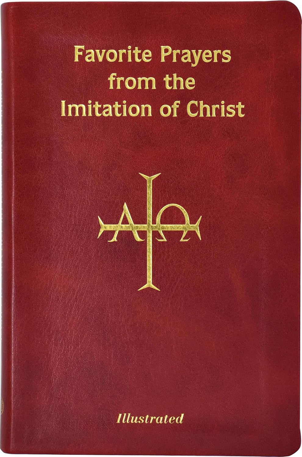 Red book titled 'Favorite Prayers from the Imitation of Christ' with gold text and symbol on a white background