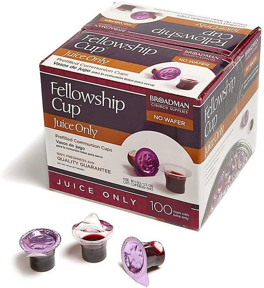 Box of Fellowship Cup Juice Only communion cups with individual cups displayed in front.