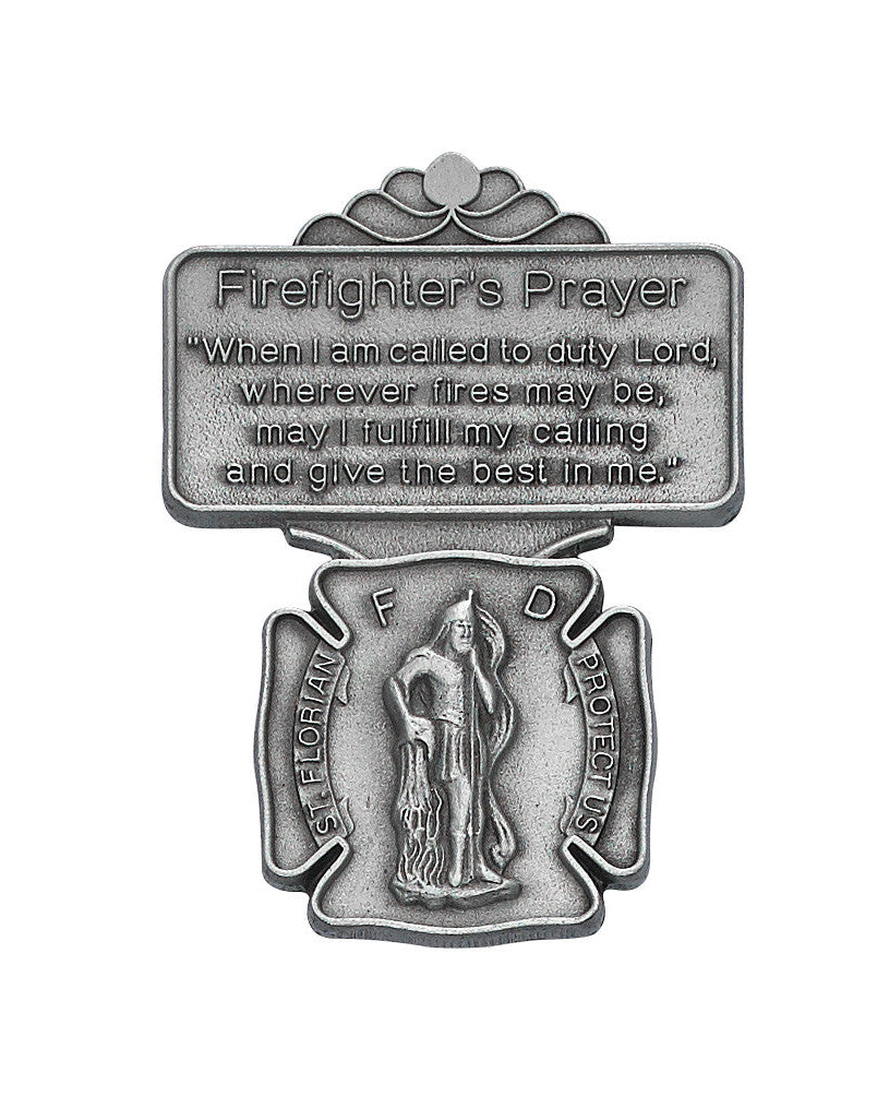 Firefighter's Prayer badge with text and emblem on a white background