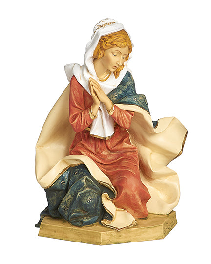 Statue of a praying woman with colorful robes on a white background