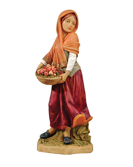 Statue of a woman holding a basket of fruit on a white background