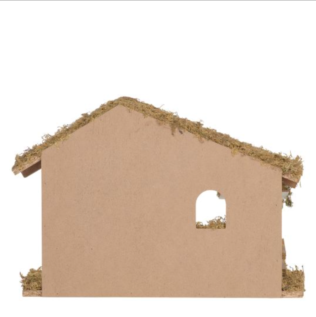 Cardboard house with straw roof and window on a white background