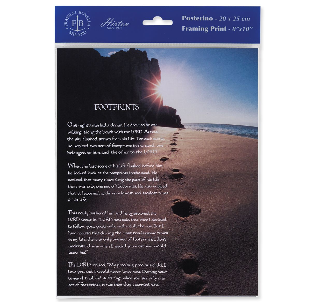 Framing print with footprints on a beach and text, branded 'FB'.