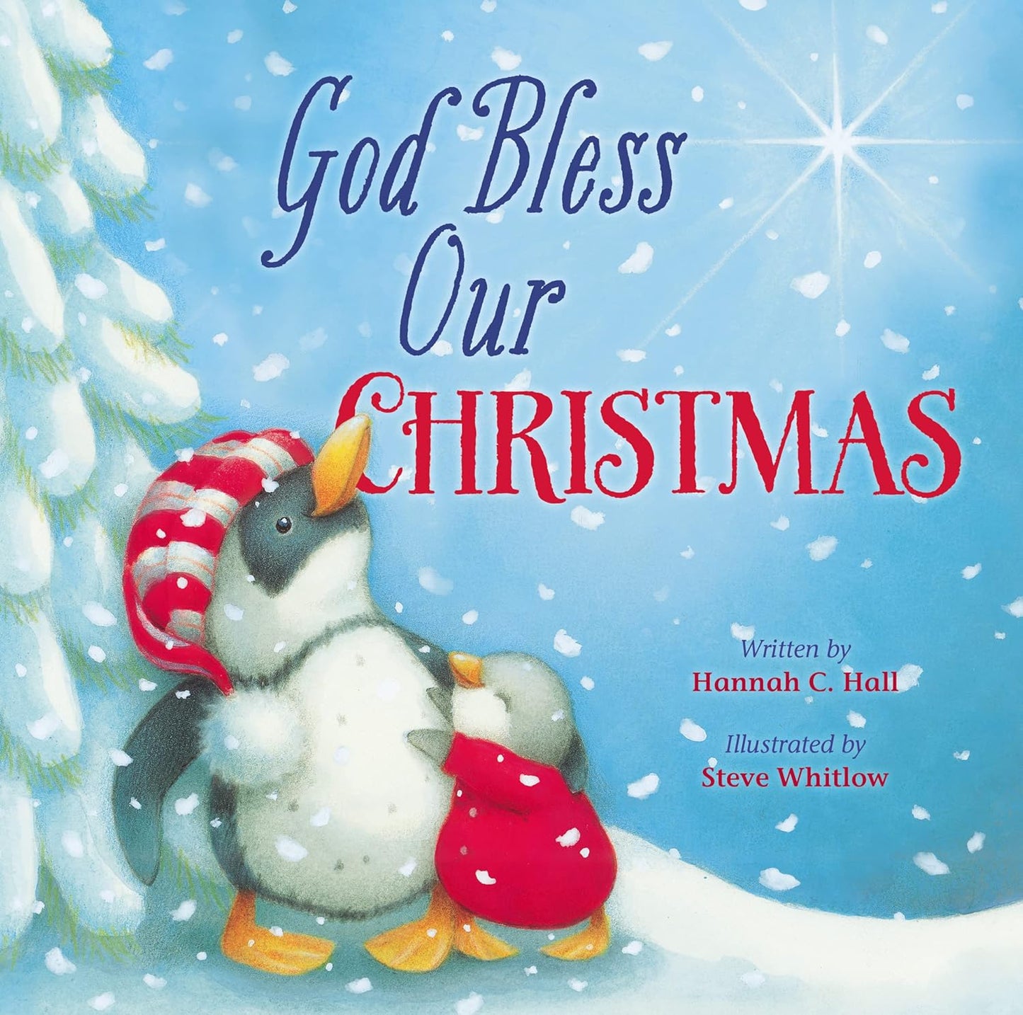 Book cover of 'God Bless Our Christmas' with penguins in a snowy scene