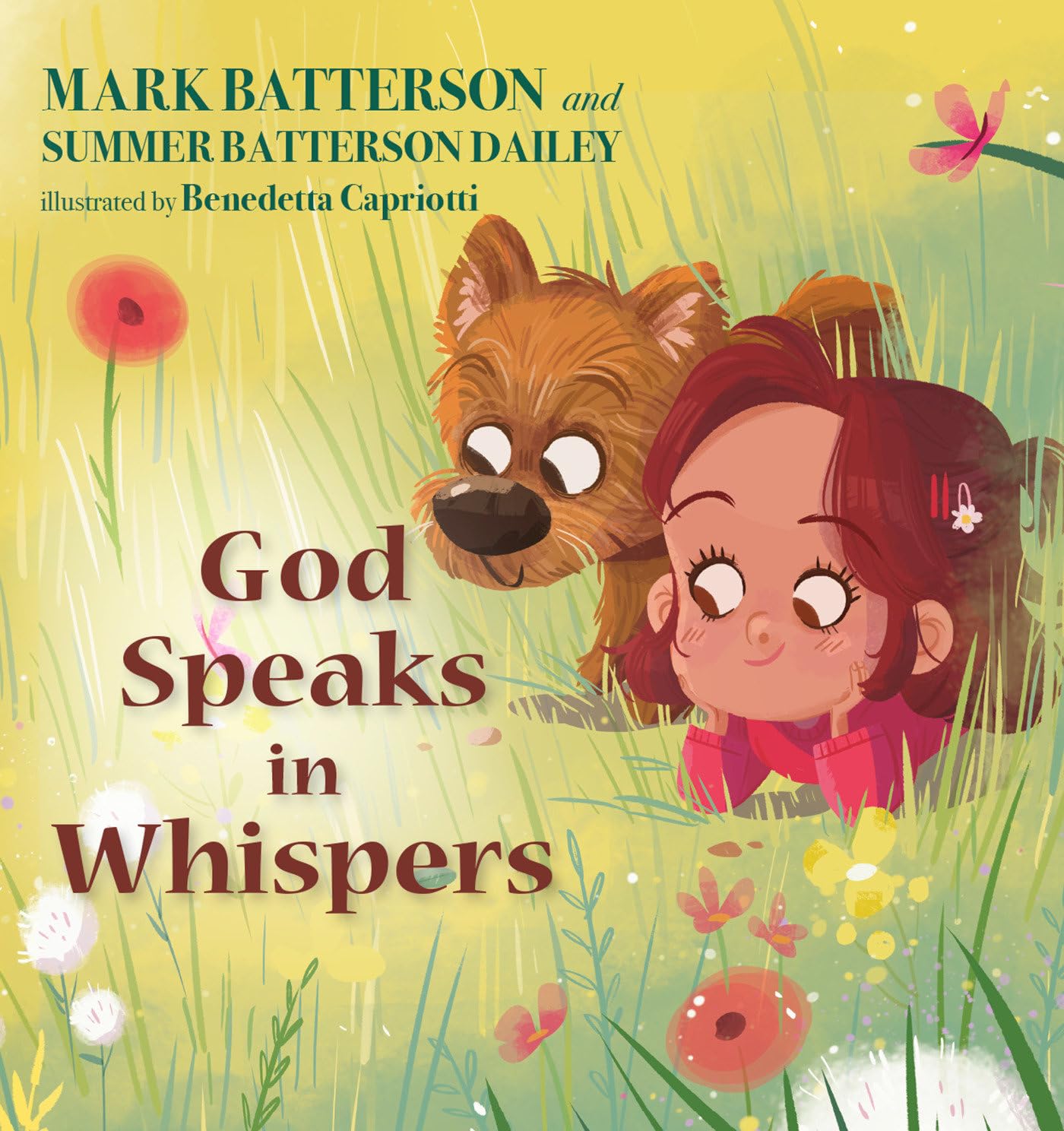 Book cover of 'God Speaks in Whispers' featuring a girl and a dog in a grassy field with flowers.