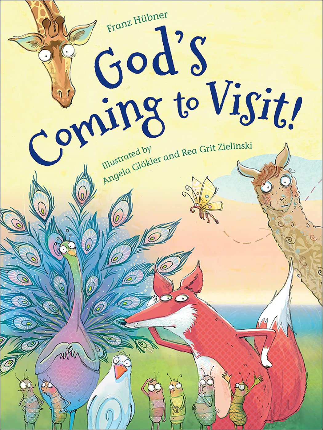 Book cover of 'God's Coming to Visit!' with colorful animals and a yellow background