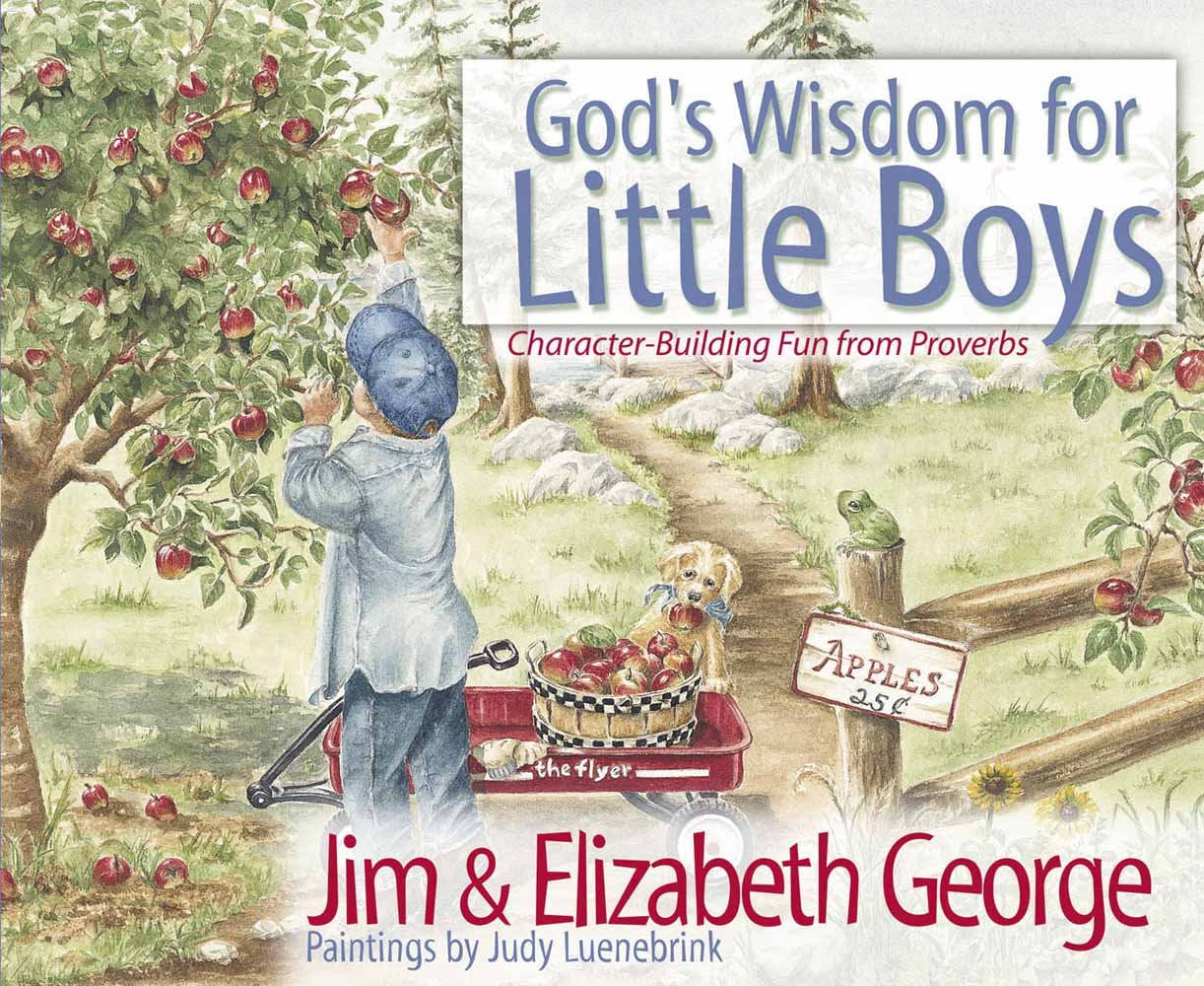 Book cover of 'God's Wisdom for Little Boys' with a boy picking apples from an apple tree.