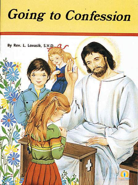 Book cover of 'Going to Confession' with illustrations of a religious figure and three children.