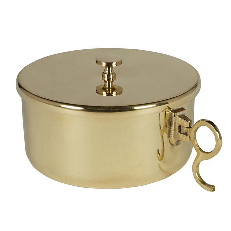 Gold-colored container with a lid and handle on a white background