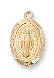 Gold pendant with religious figure design on a white background