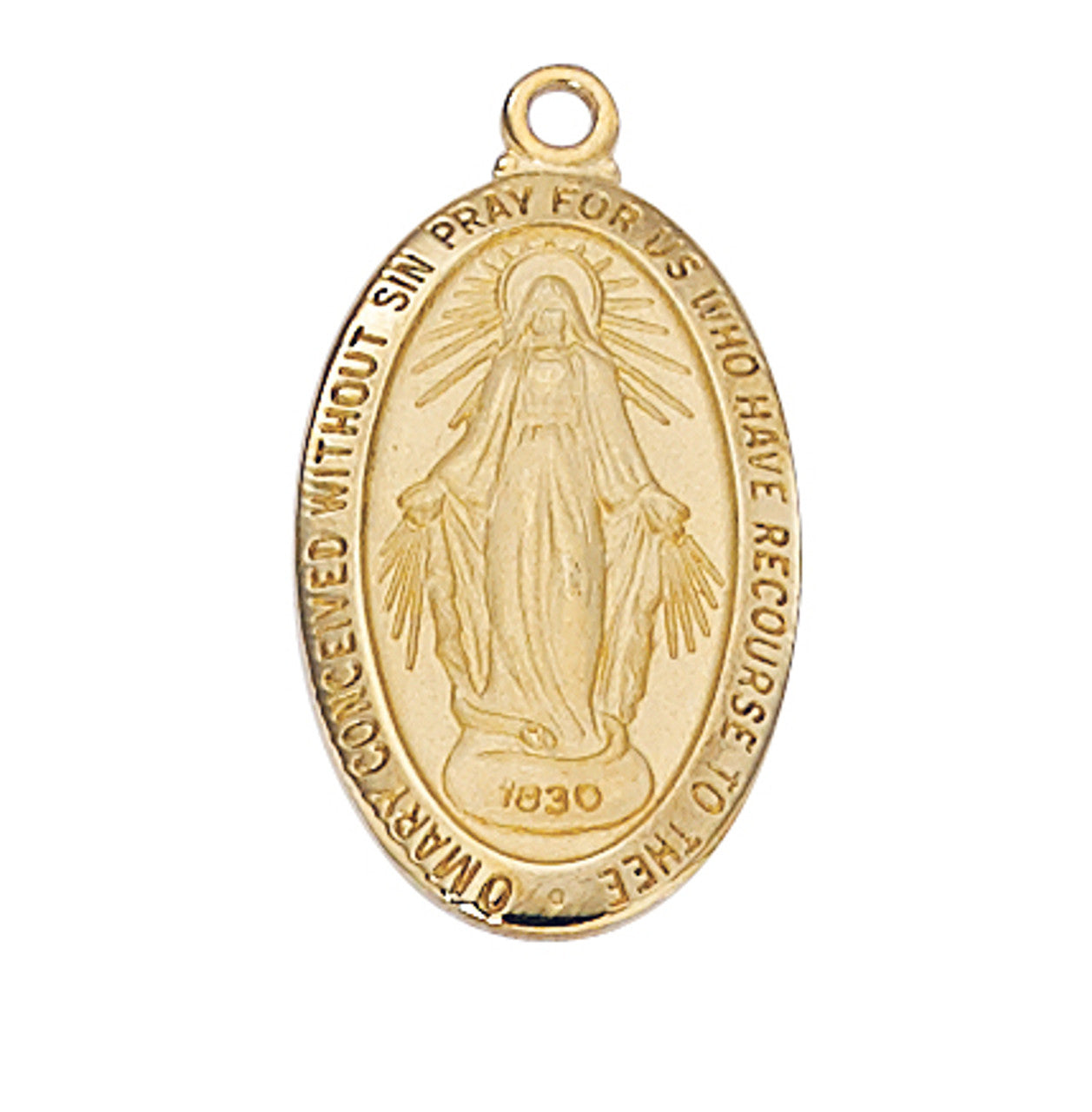A gold-tone pewter miraculous medal with an image of the Virgin Mary in the center, encased in a clear cover box.