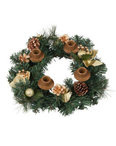 Decorative wreath with candles, pine cones, and flowers on a white background