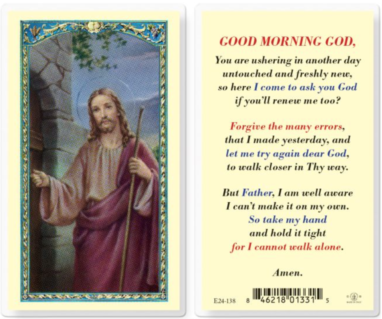 Prayer card with an image of a religious figure and a prayer text on a light blue background.