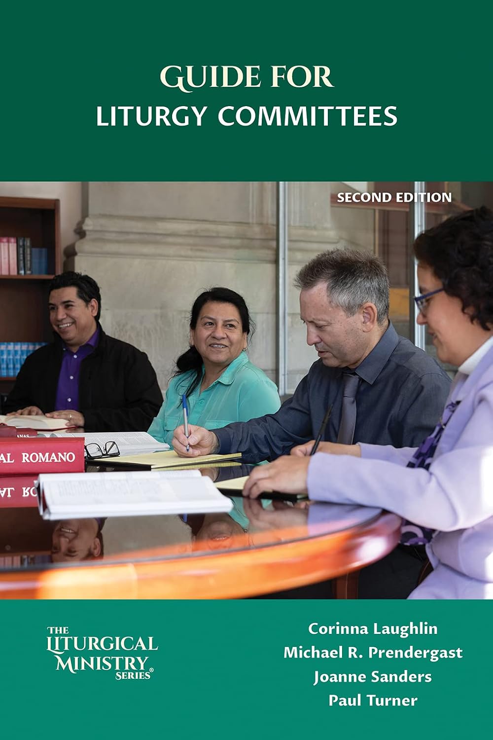 Front cover of the book 'Guide for Liturgy Committees, Second Edition' from The Liturgical Ministry Series. The cover has a dark green top and bottom band with white title and author text, and a central photograph showing several people seated around a table in a liturgical setting.