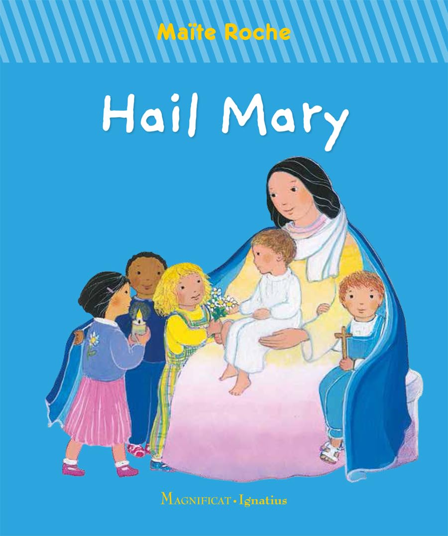 Book cover of 'Hail Mary' featuring an illustration of a woman with children on a blue background.